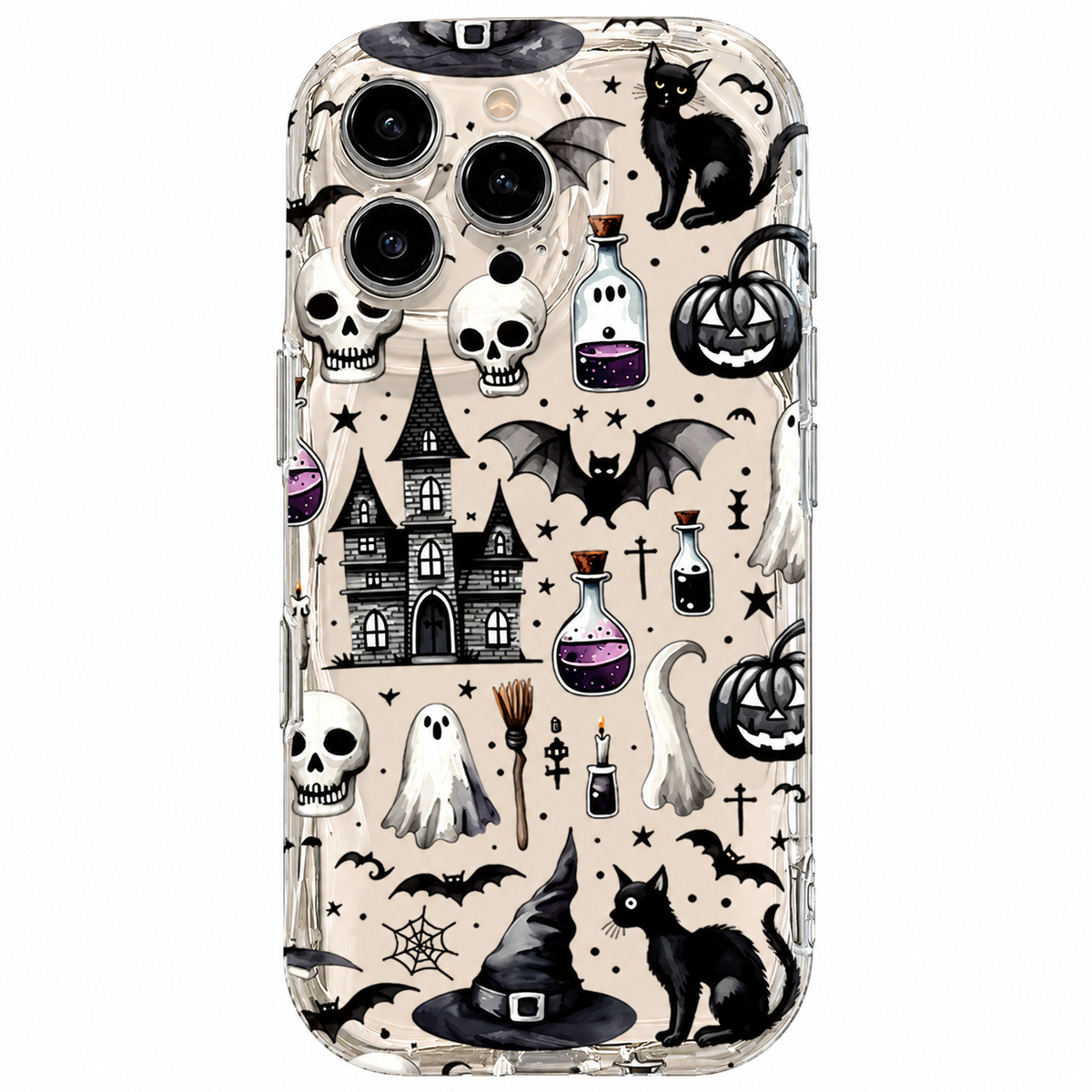 Transparente iPhone-Hülle aus TPU mit Halloween-Muster: Totenköpfe, Geister, Kürbisse, schwarze Katzen, Fledermäuse und Hexen
