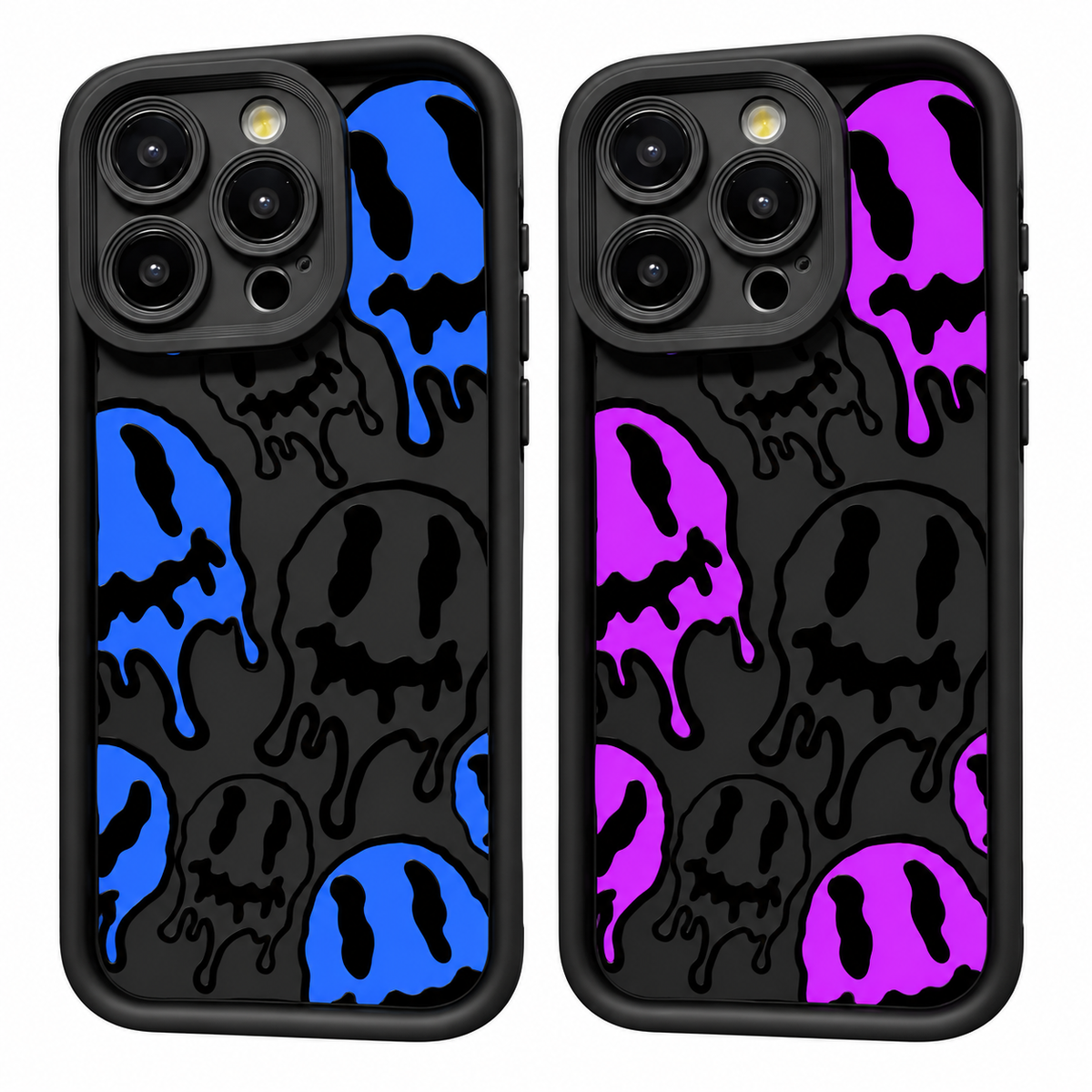Schwarze iPhone-Silikonhülle mit schmelzenden Smiley-Gesichtern, Farbvarianten Blau und Lila im Vergleich