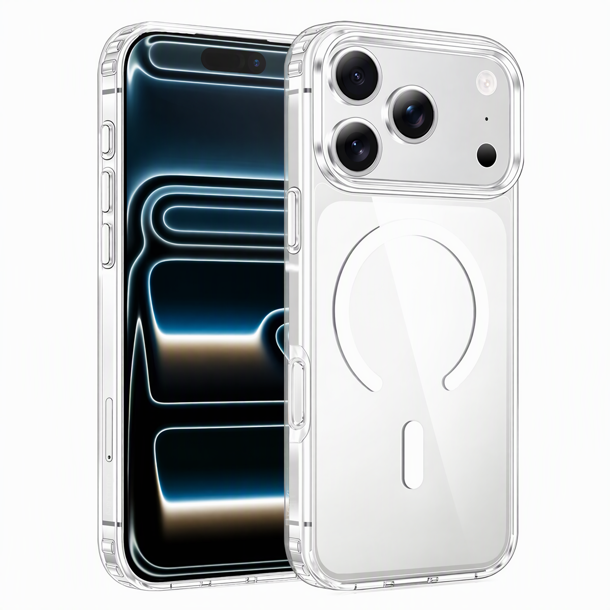 Transparente iPhone-Hülle mit Magnetring, Vorder- und Rückansicht, klares Kunststoffmaterial