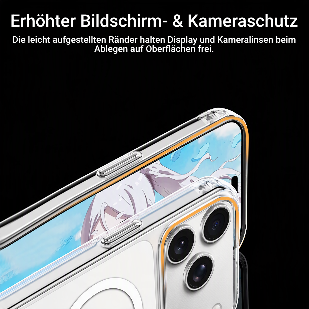 Nahaufnahme erhöhter Displayrand und Kamerarahmen einer transparenten iPhone-Hülle, Schutzfunktion
