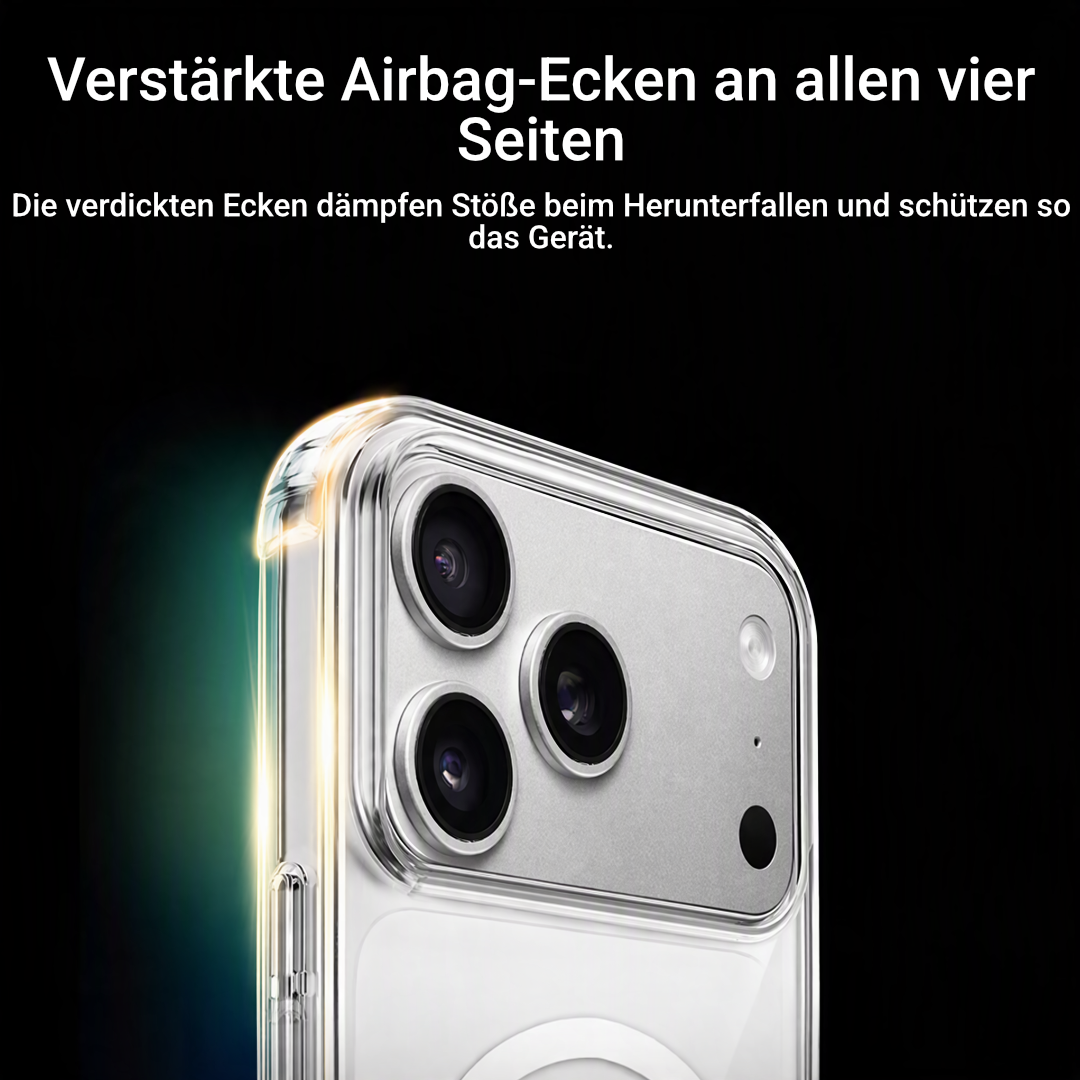Nahaufnahme der verstärkten Airbag-Ecke einer transparenten iPhone-Hülle mit Kameraausschnitt
