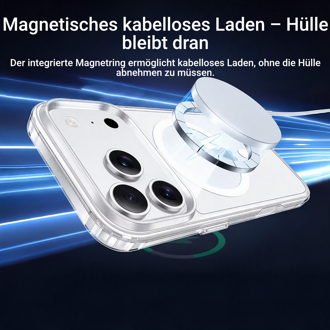 Transparente iPhone-Hülle mit magnetischem Wireless-Charger angedockt, Rückansicht
