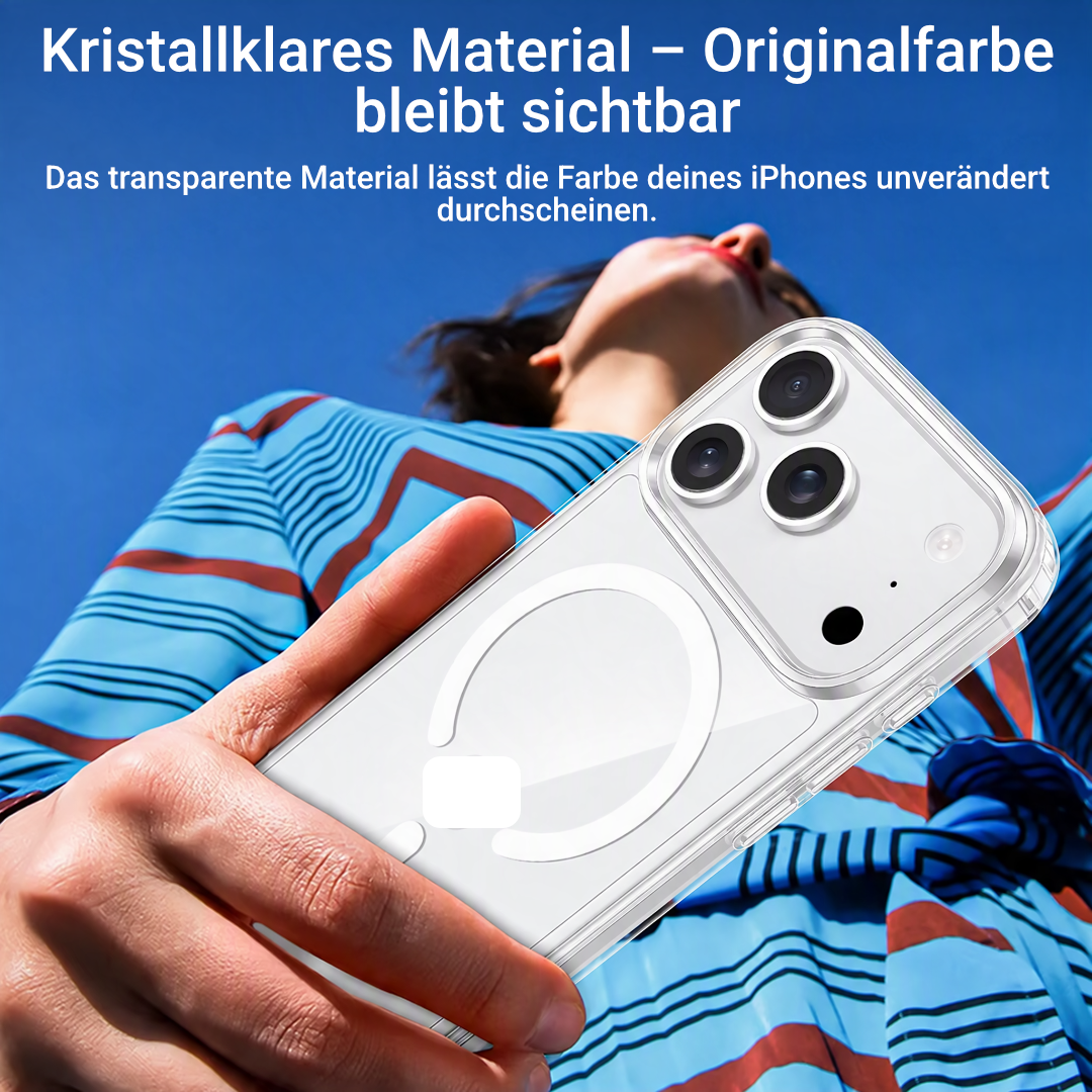 Hand hält iPhone in kristallklarer Hülle mit Magnetring, Originalfarbe des Geräts sichtbar