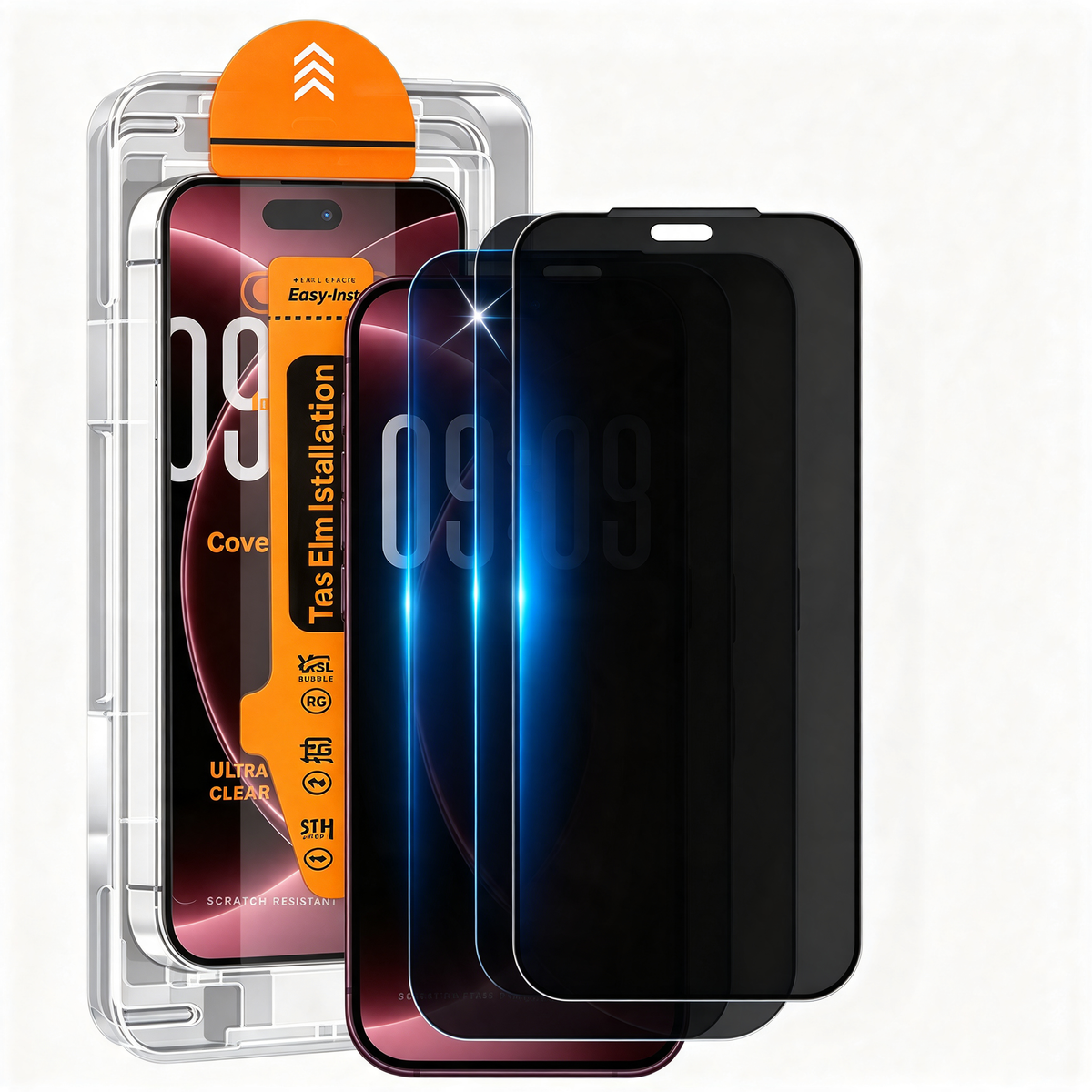 Zwei dunkle Sichtschutz-Schutzgläser für iPhone neben transparentem Easy-Install-Rahmen mit orangem Auslöser