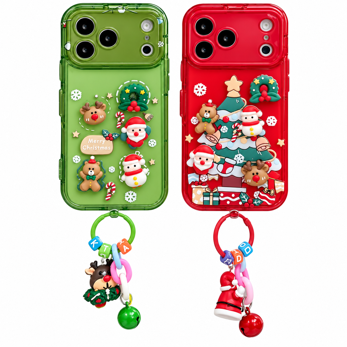 Grüne und rote iPhone-Weihnachtshülle mit 3D-Cartoon-Figuren (Weihnachtsmann, Rentier, Schneemann) und buntem Armband-Anhänge