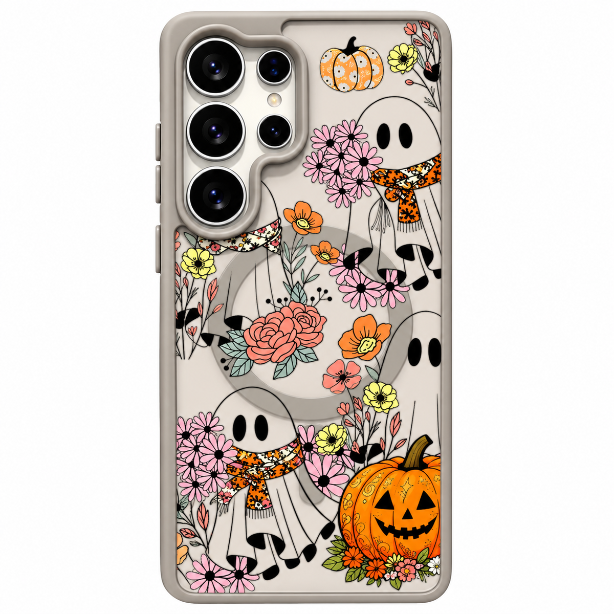 Samsung Galaxy Hülle in Beige mit Halloween-Geistern, Blumen und Kürbis-Motiv, magnetischer Ring, Frontalansicht