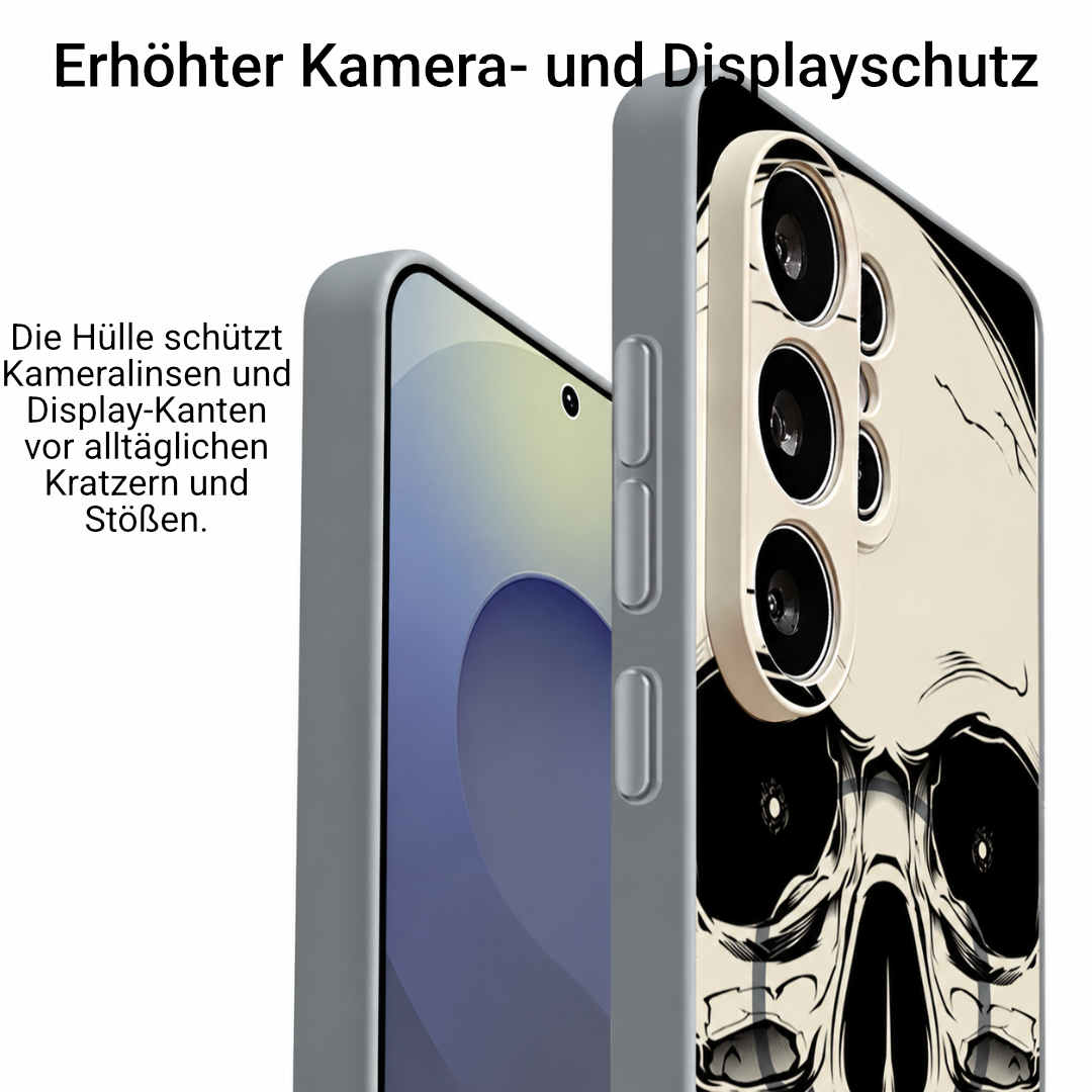 Skull-Hülle Seitenansicht mit erhöhtem Kamerarahmen und Display-Schutzrand, grau-beige