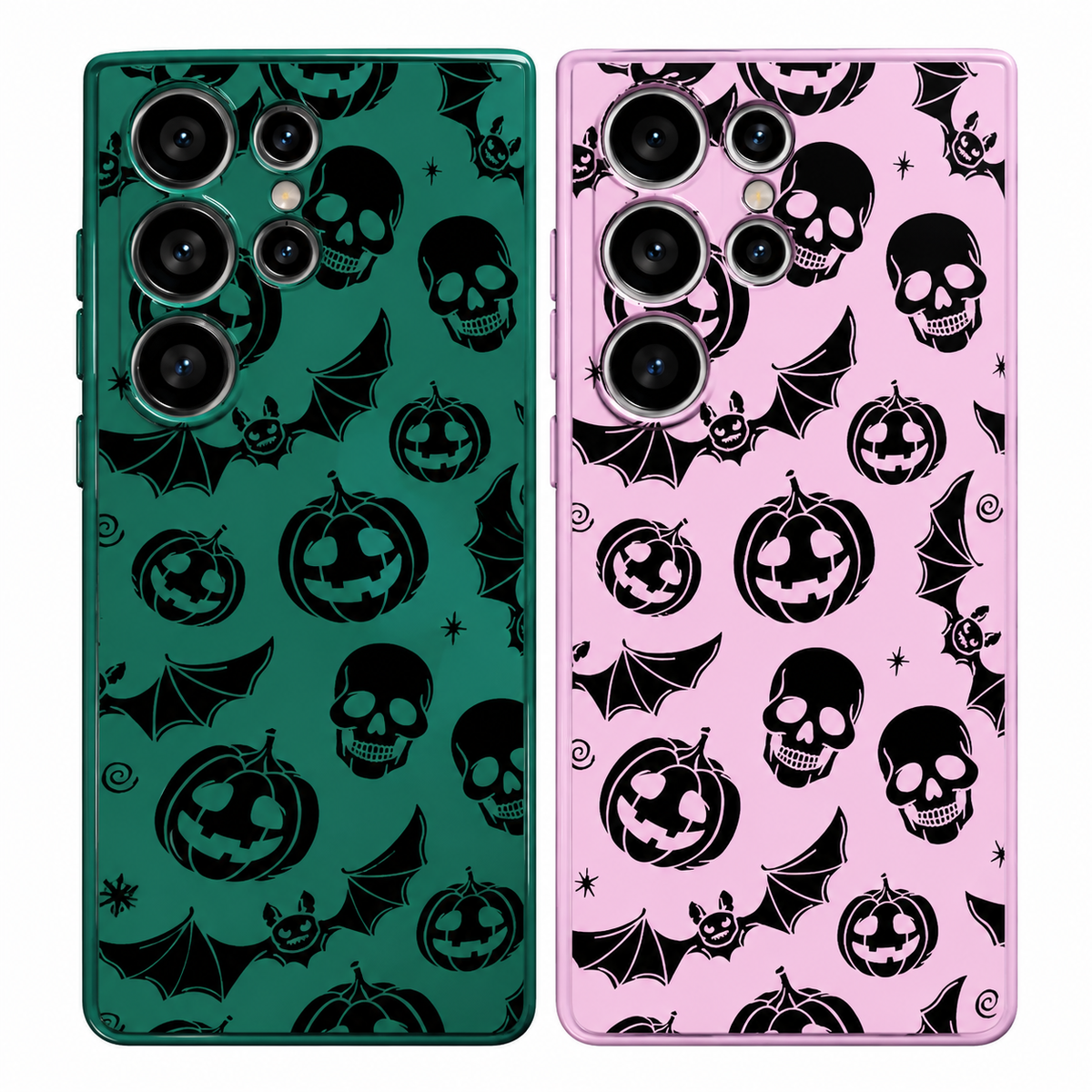 Zwei Samsung-Handyhüllen in Grün und Rosa mit schwarzem Halloween-Muster aus Totenköpfen, Kürbissen und Fledermäusen, Rückans