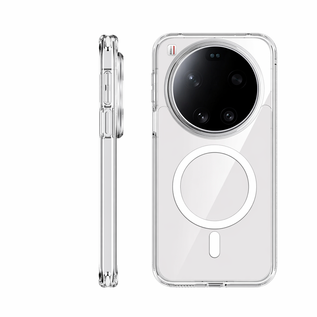 Transparente MagSafe-Hülle für Xiaomi 17 Ultra, Rück- und Seitenansicht, klares Hartkunststoff mit weißem Magnetring