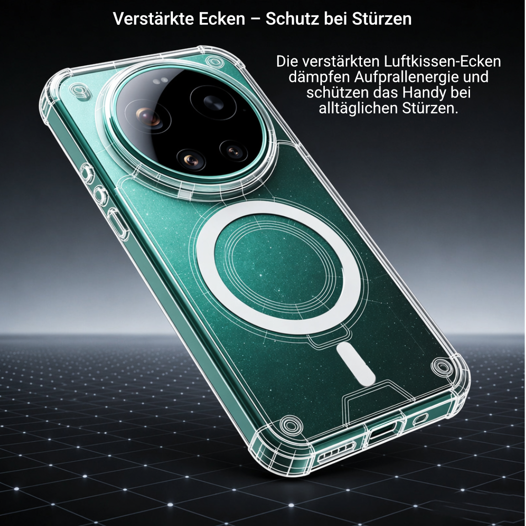 Transparente Hülle mit hervorgehobenen Luftkissen-Ecken, technische Darstellung der verstärkten Stoßdämpfer-Eckbereiche