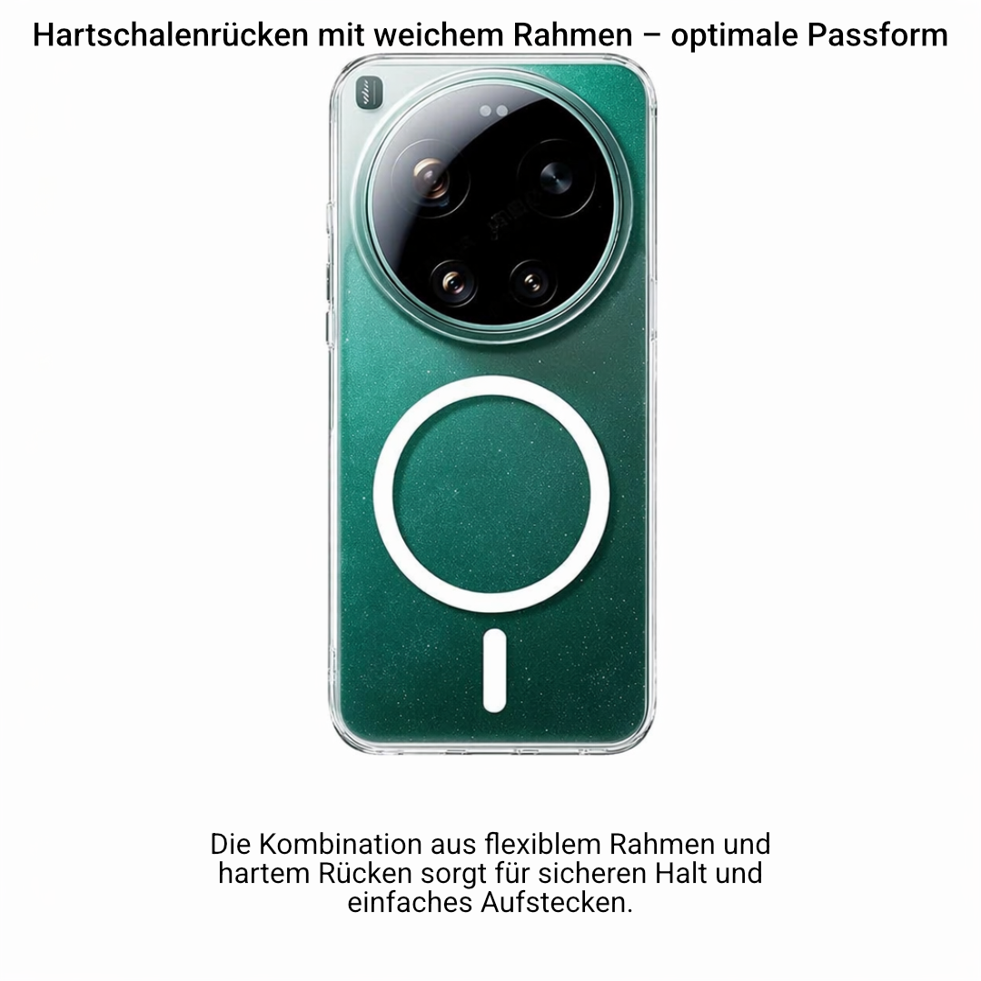 Klare MagSafe-Hülle auf grünem Smartphone, gerade Rückansicht, weißer Magnetring mittig, sichtbares rundes Kameramodul