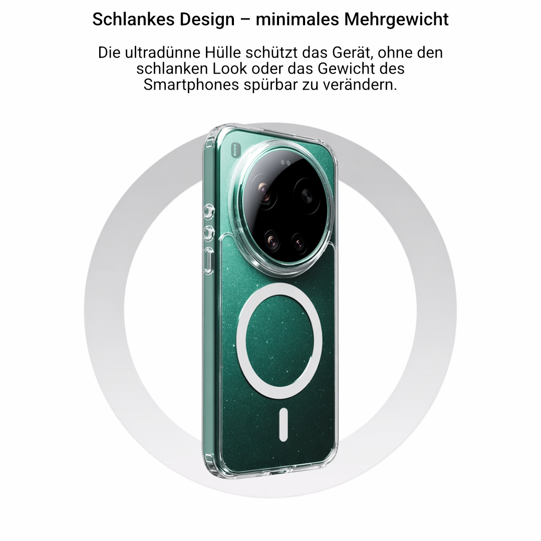 Ultradünne transparente MagSafe-Hülle auf grünem Smartphone, leicht schräge Rückansicht, schlankes Profil, weißer Magnetring