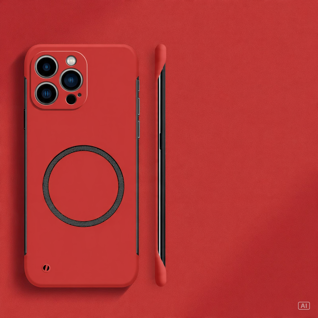 Rote matte PC-Hartschale mit schwarzem Magnet-Ring, Rück- und Seitenansicht auf rotem Hintergrund