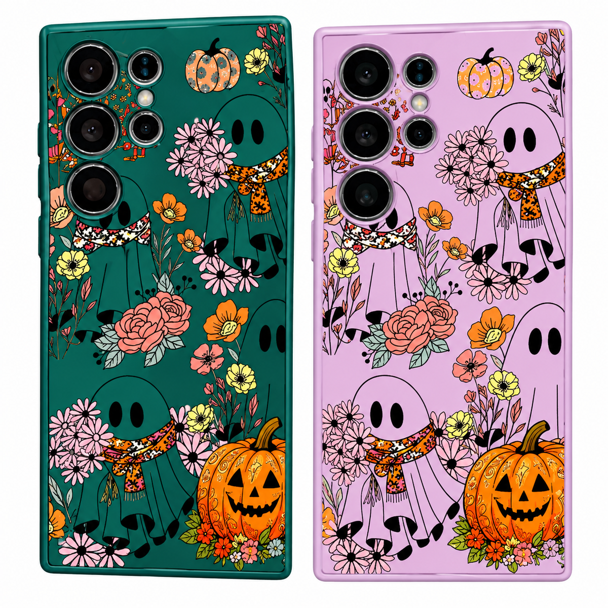 TPU-Hülle für Samsung Galaxy in Dunkelgrün und Rosa, Halloween-Geister mit Blumen und Kürbis-Motiv, Rückansicht