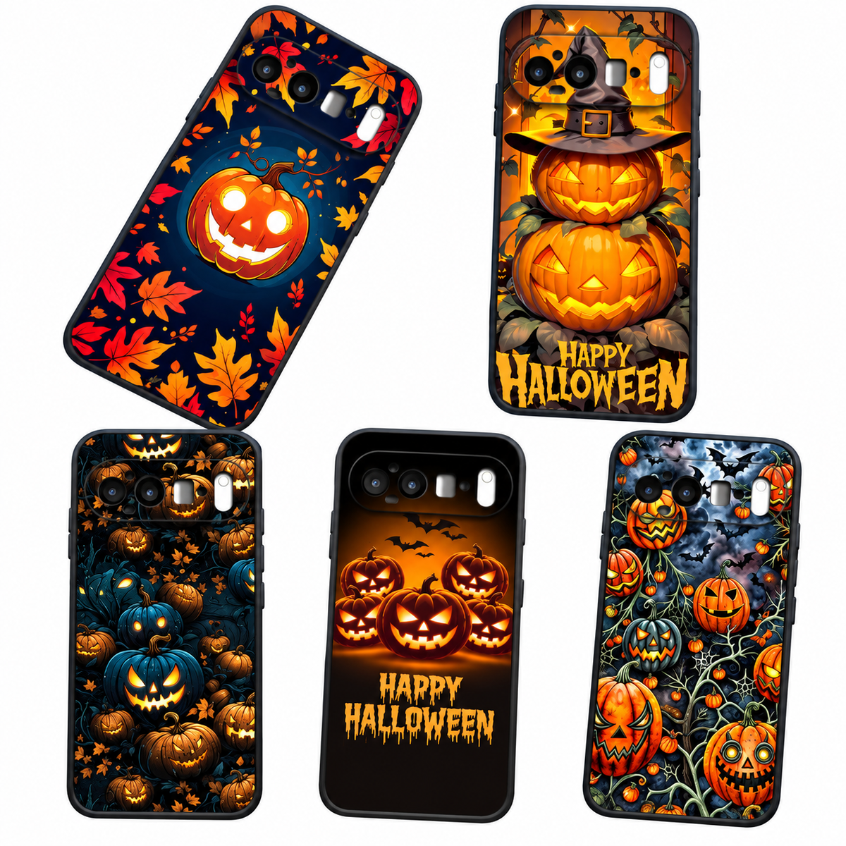 Fünf Halloween TPU-Handyhüllen für Google Pixel in der Übersicht – verschiedene Kürbis-Motive in Orange und Schwarz