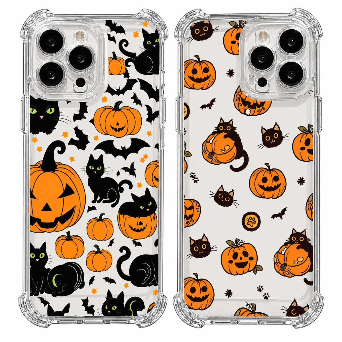 Zwei transparente iPhone-Hüllen nebeneinander: links schwarze Katzen & Fledermäuse, rechts braune Katzen & orange Kürbisse