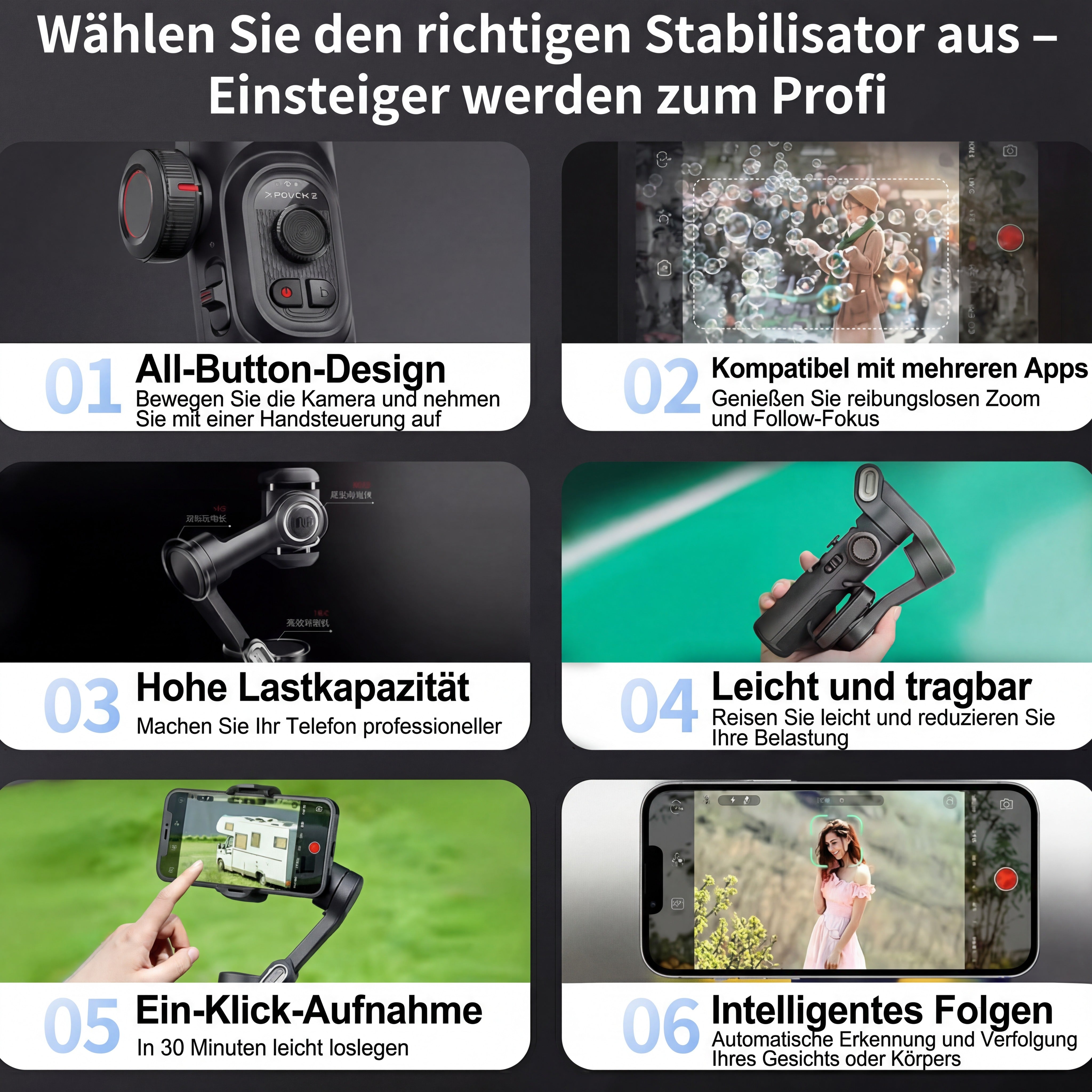 3-Achsen Gimbal mit Face-Tracking & Stativ – Handheld Stabilisator