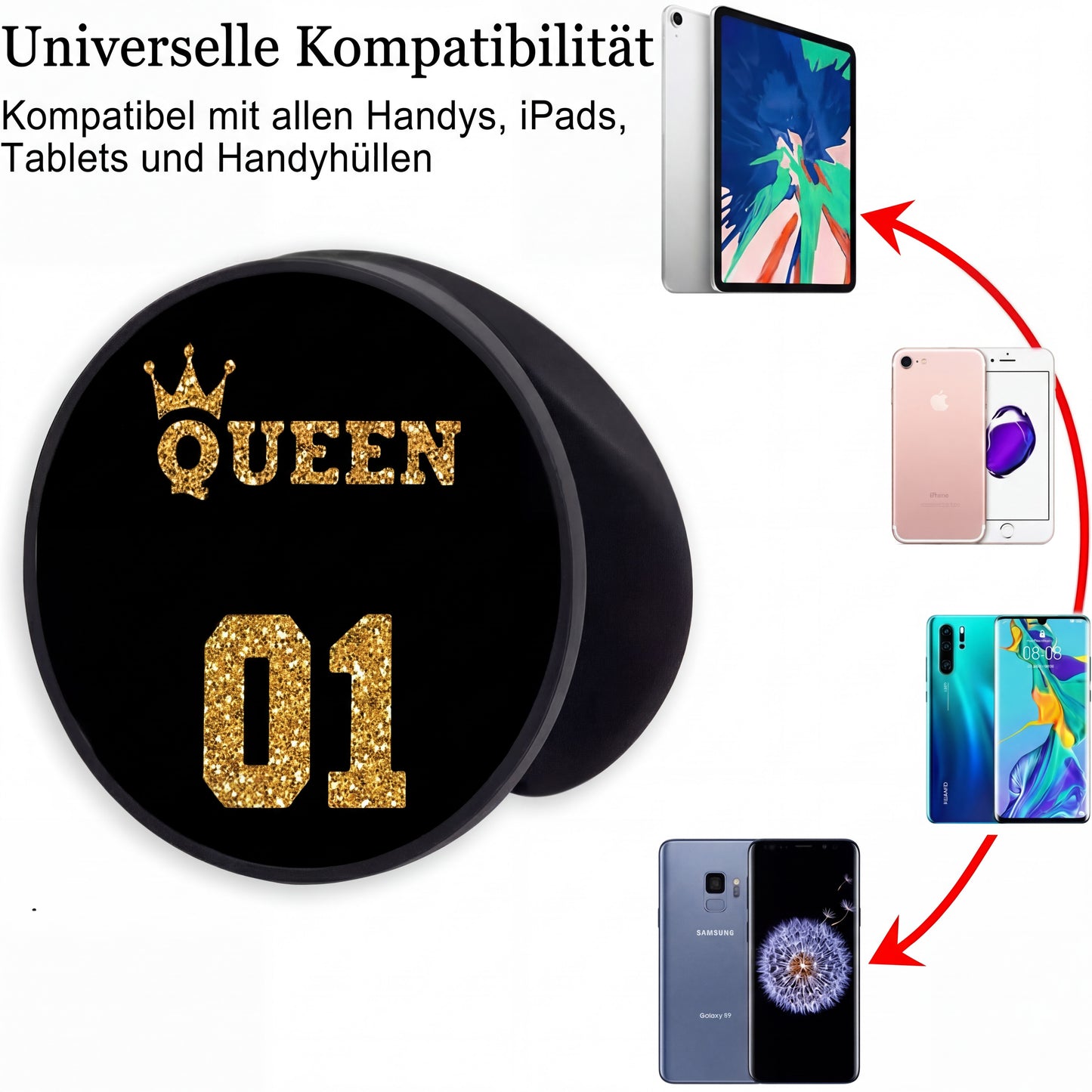 Schwarzer runder Pop-Up Fingerring-Halter, goldener Queen-01-Aufdruck, mit Pfeilgrafik zur universellen Kompatibilität mit Ta