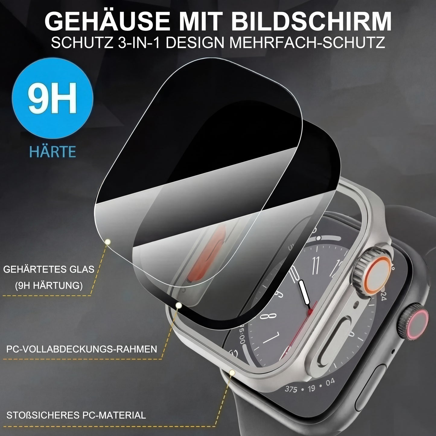 Schutzhülle mit Privacy Glas für Watch Serie 9 8 7 6 5 4 SE 40-45mm