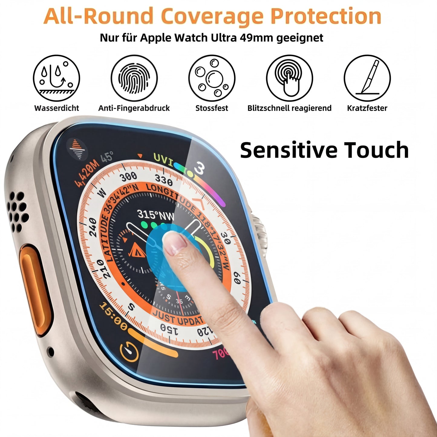 Schutzglas für Apple Watch Ultra 1 2 3 49mm HD & Privacy 9H mit Einbauhilfe