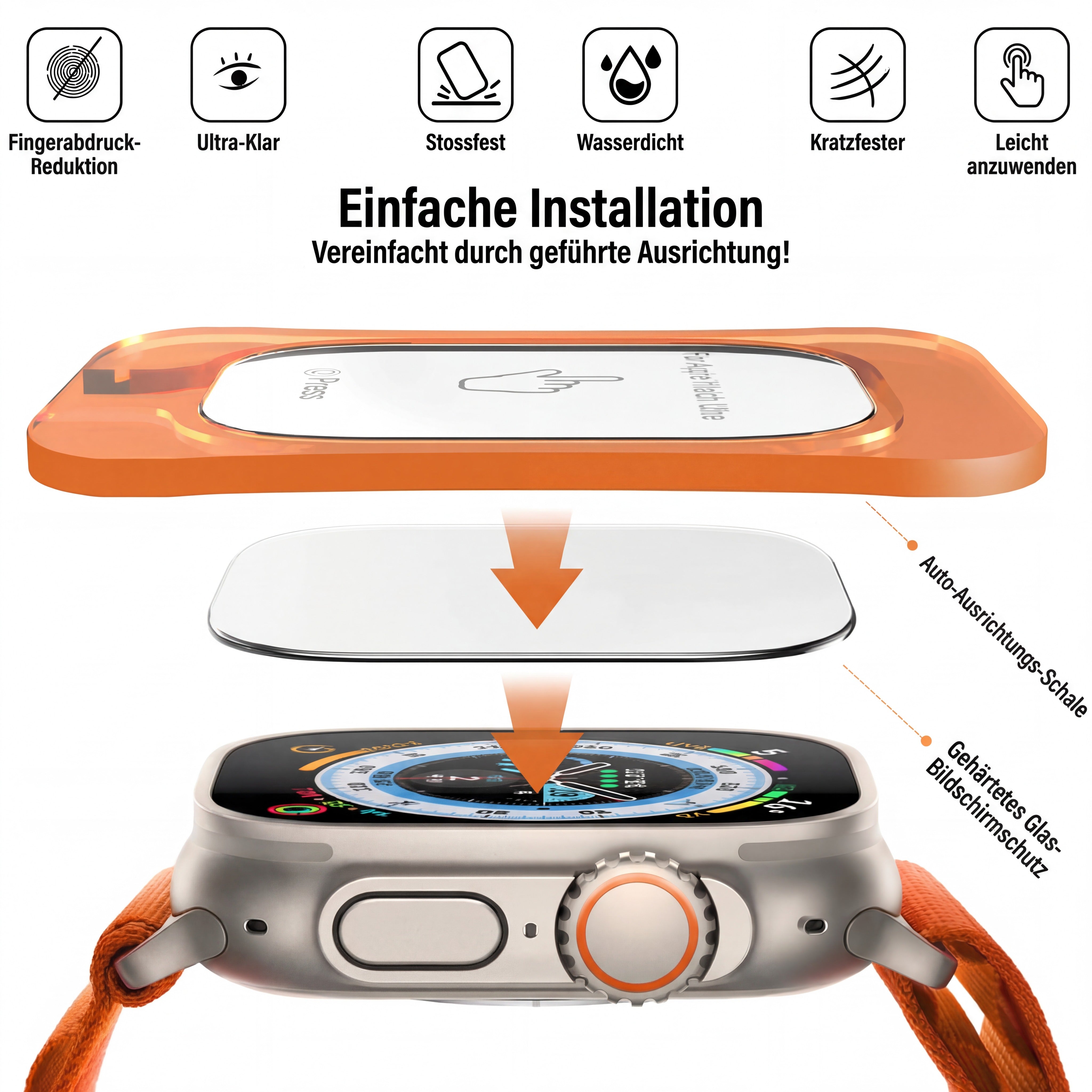 Schutzglas Apple Watch Ultra 1 2 3 49mm 9H HD mit Auto-Montagehilfe Set