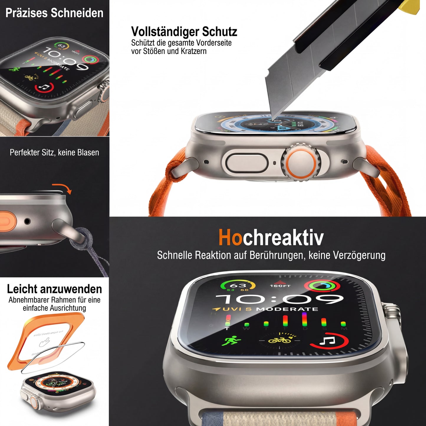 Schutzglas für Apple Watch Ultra 1 2 3 49mm 9H HD mit Auto-Montagehilfe Set