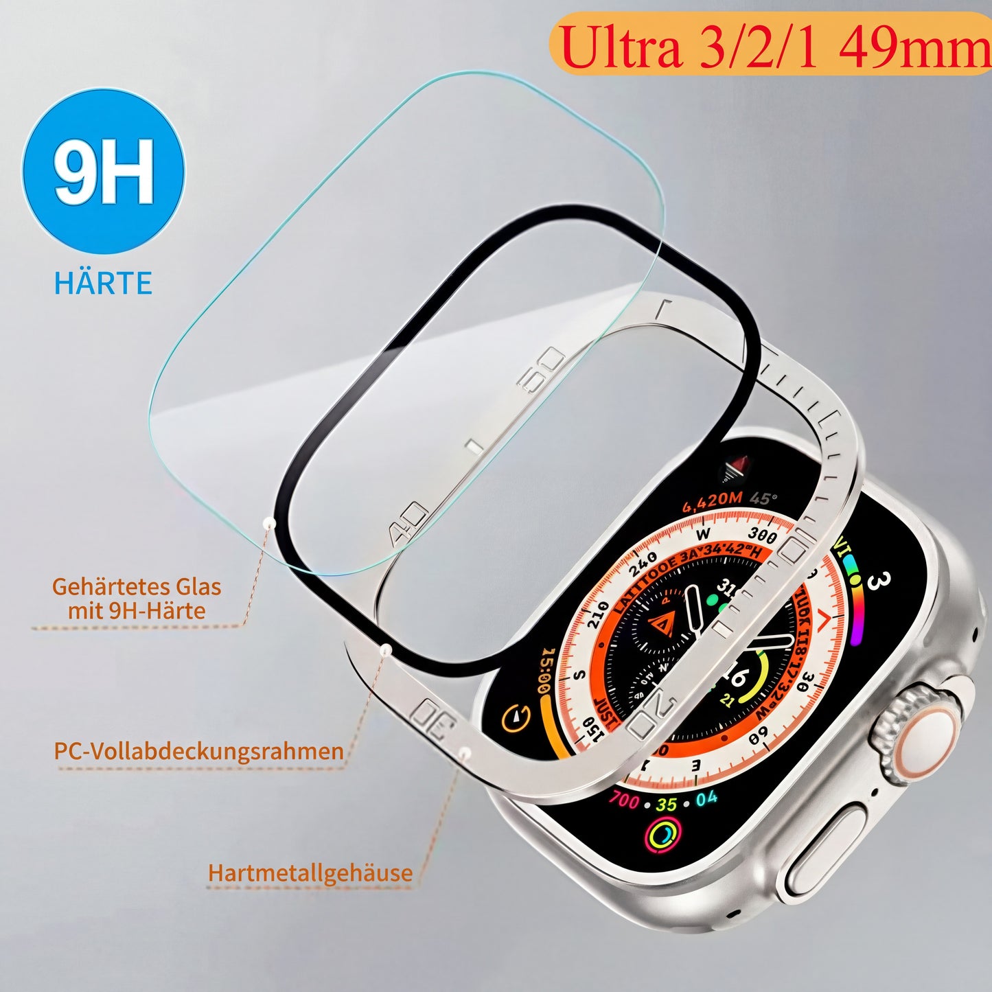 Schutzhülle mit 9H Glas für Apple Watch Ultra 1 2 3 49mm Metall Bumper Case