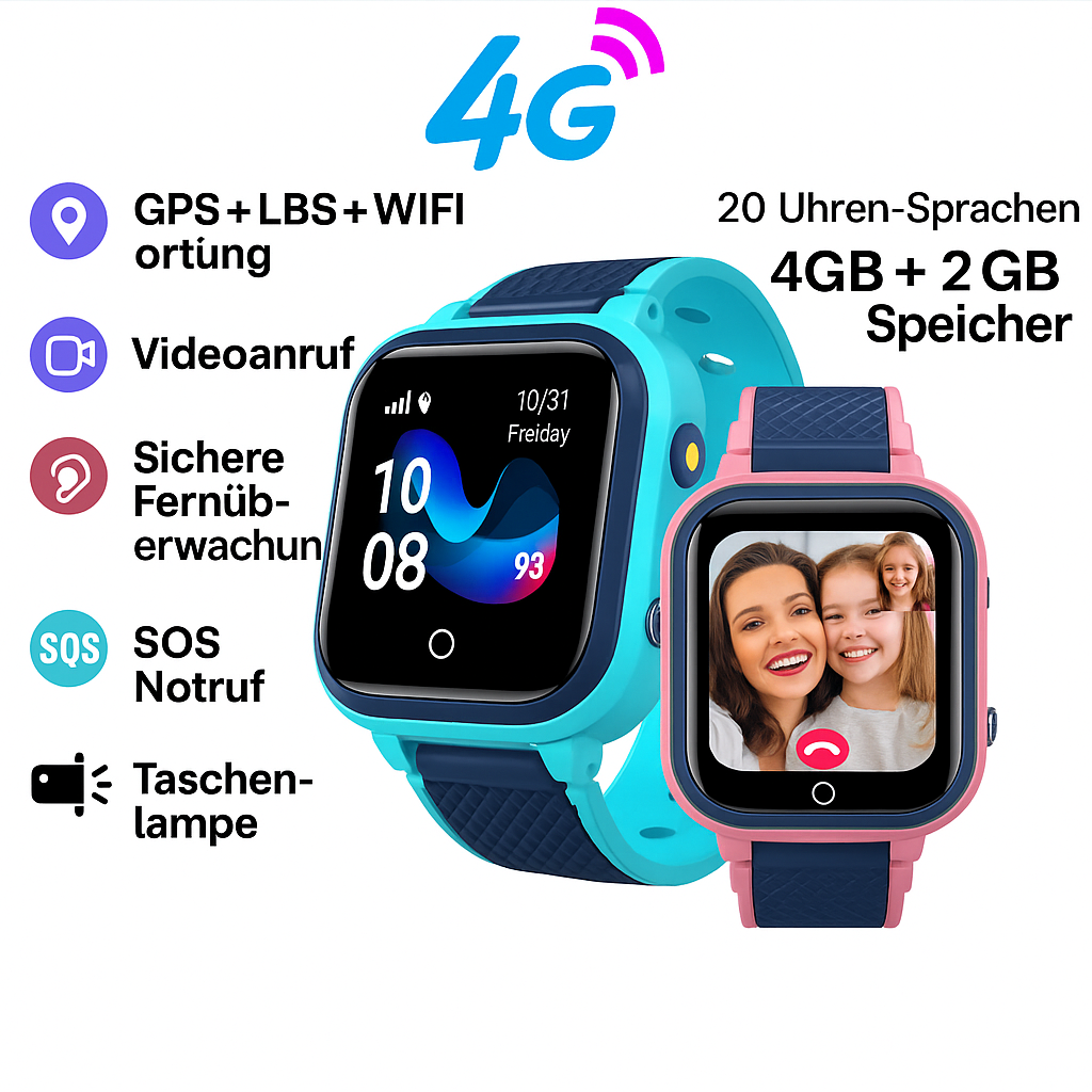 4G Kids Smartwatch GPS WIFI Video Call IP67 – SOS Uhr für Kinder mit Kamera, Tracker, Standort & Telefon – Blau/Rosa