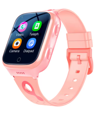 Rosa Kinder-Smartwatch schräg von vorne, Touchscreen mit vier App-Icons, SOS-Taste seitlich, rosafarbenes Silikonarmband