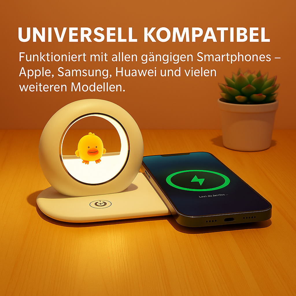 3-in-1 Wireless LED Lamp with Charging Function – Night Light &amp; Mobile Phone Charging Station in Stylish Design (White / Pink)